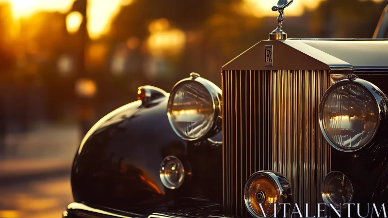 Front detail of vintage Rolls-Royce in warm sunset light.