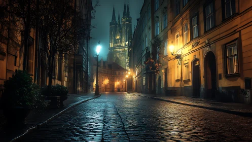 Narrow cobblestone street leads to illuminated cathedral at night