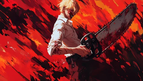 Chainsaw warrior erupts from a storm of molten scarlet fury.