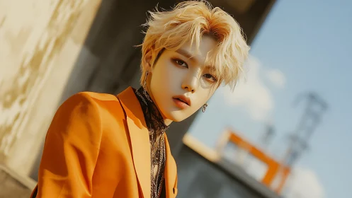 Stylized blond figure in orange jacket against urban backdrop