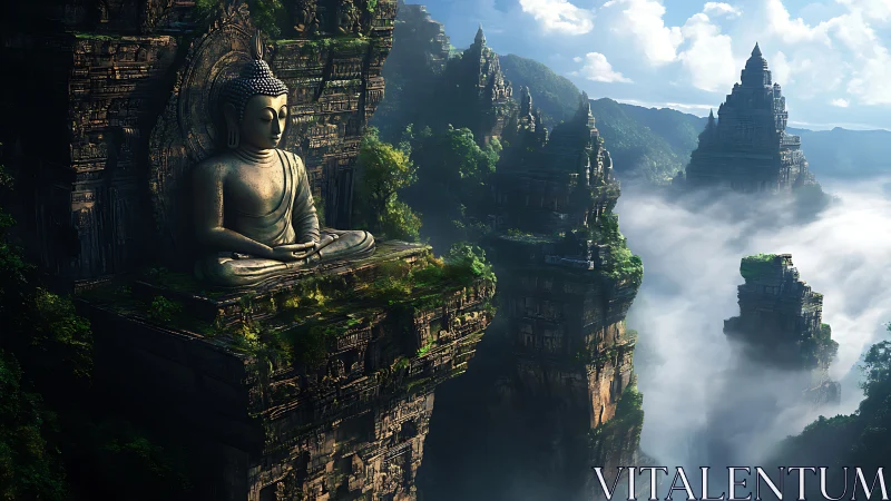 Mountain Buddha statue above misty jungle temples. Period.