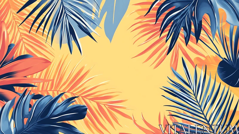Bold tropical leaves frame warm yellow negative space