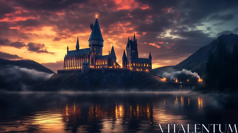 Castle complex is illuminated against a dense sunset sky