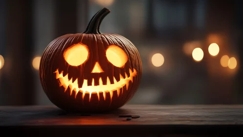 Glowing jack-o’-lantern grins in warm Halloween night scene.