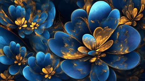 Midnight fractal blossoms bloom in molten sapphire and gold