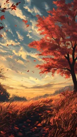 Autumn tree overlooks golden field under vivid sunset sky
