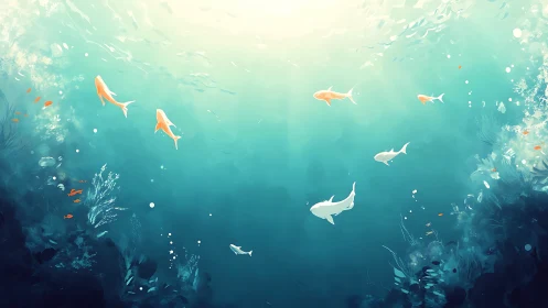 Golden koi drift through sunlit teal underwater garden.