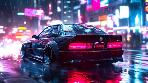 Modified coupe is stationary on wet neon lit urban street