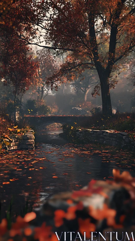 Autumn forest stream with stone bridge and fallen leaves.