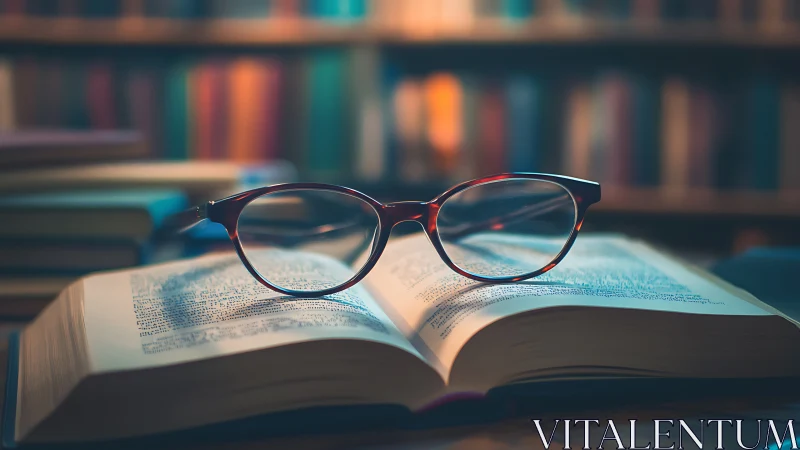 Reading glasses rest on an open book in warm library light