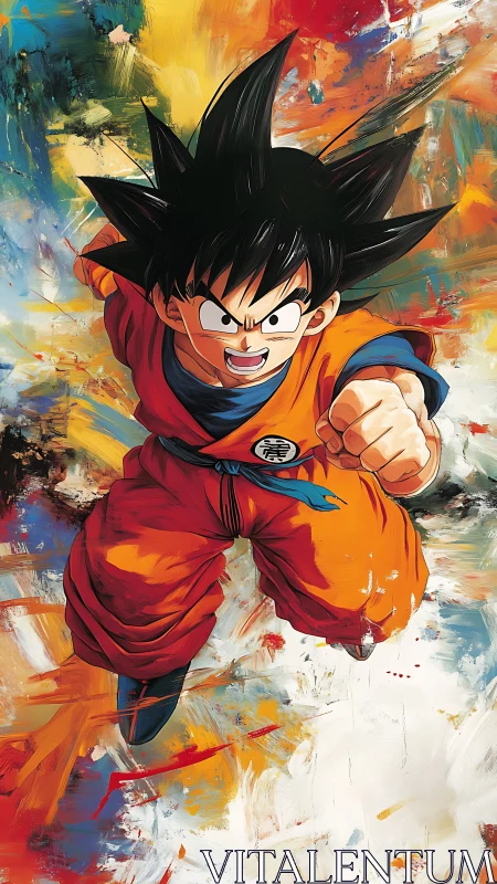 Young martial hero charges through explosive color field.