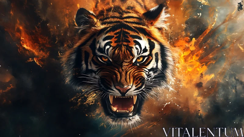 Fiery tiger portrait explodes from swirling flames and smoke.