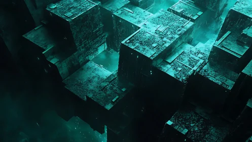 Geometric cubic structures extend into a teal atmospheric void