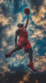 Soaring basketball player reaching for the rim in sunset sky.