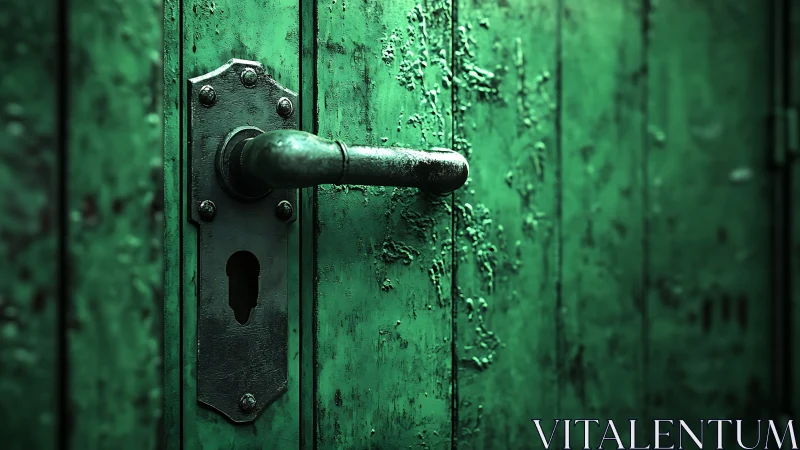 Weathered green door handle with textured peeling paint.