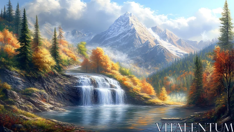 Autumn cascade below snowlit alpine peaks at sunrise.