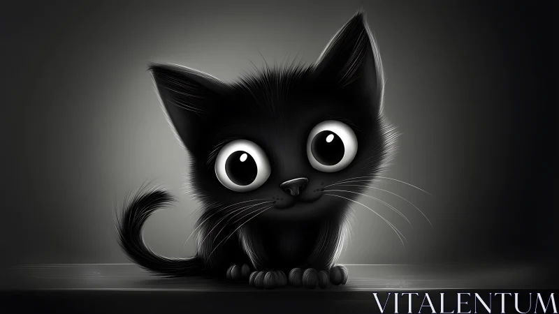 Stylized Black Kitten with Oversized Luminous Eyes.