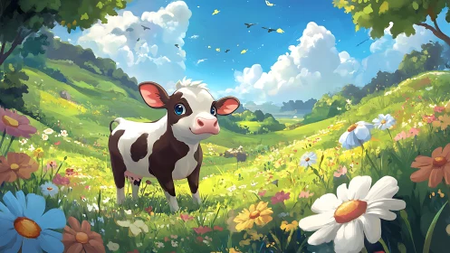 Young calf in vibrant wildflower meadow under summer sky