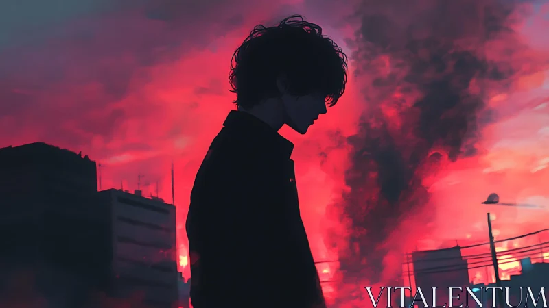 Silhouetted figure overlooks burning city under crimson sky.