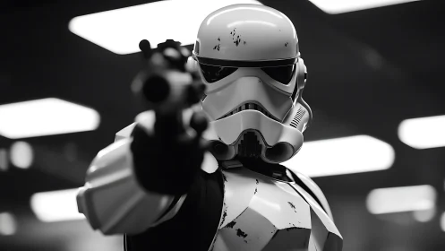 Helmeted blaster stare locks onto viewer in stark grayscale