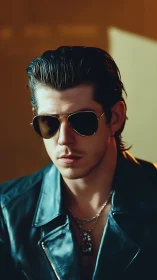 Slick-haired man in aviator sunglasses under cinematic side light