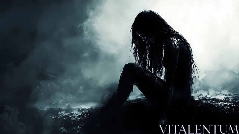 Shadow-drenched siren curls inward beneath a drowning sky