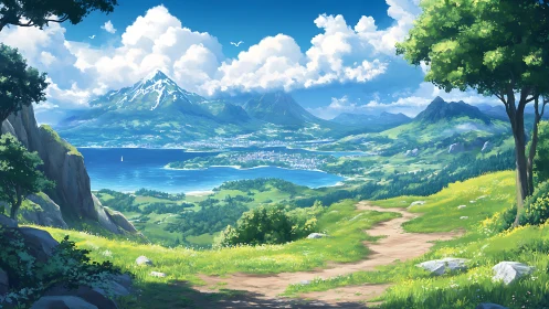 Coastal valley path overlooking lake and distant mountains.