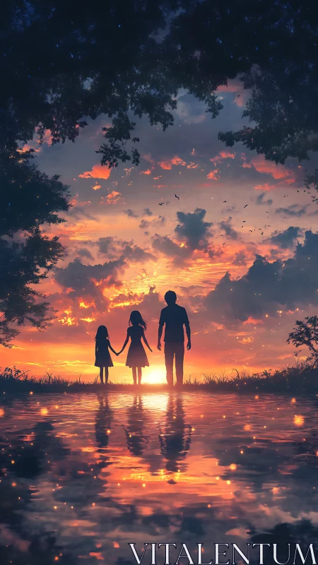 Silhouetted family at sunset beside glowing reflective lake.