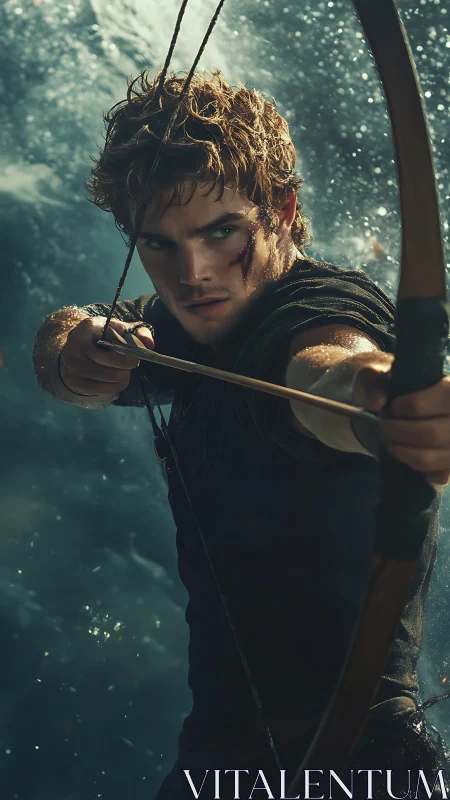 Young male archer pulls bowstring amid stormy water backdrop