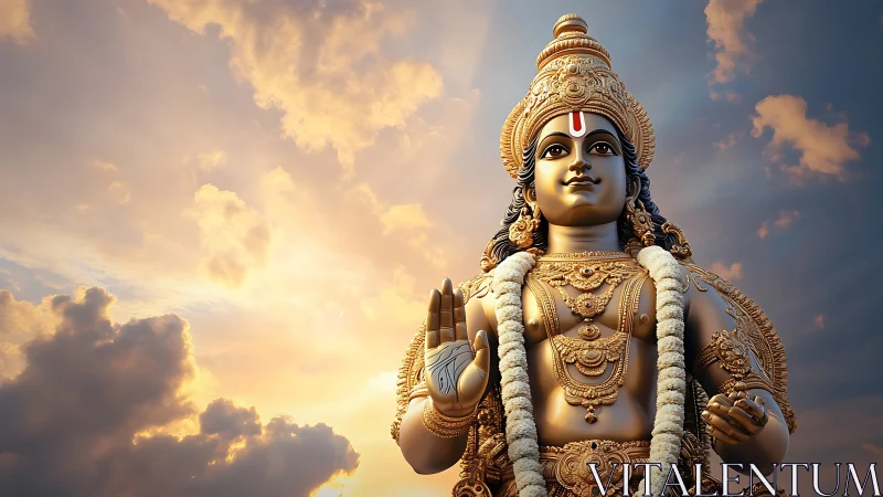 Digital rendering shows ornate deity statue against sky backdrop