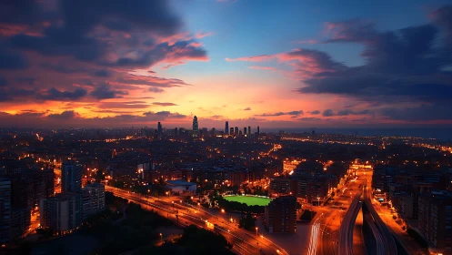 City lights tangle with a molten sunset over glowing avenues