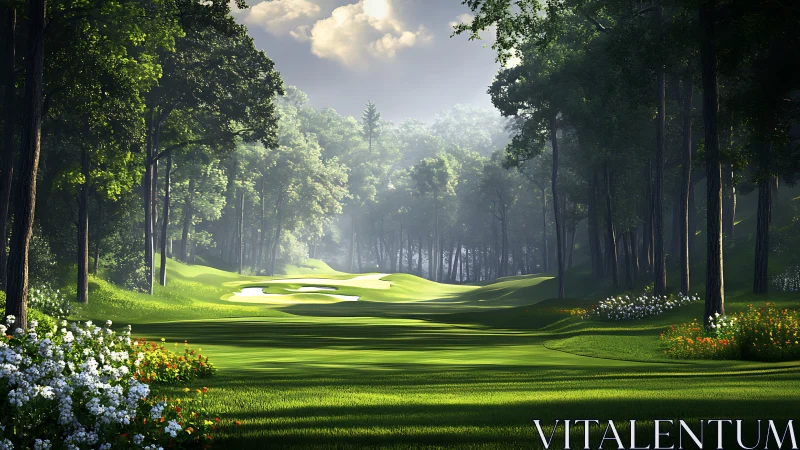 Lush golf fairway cutting through dense forest in sunlight.