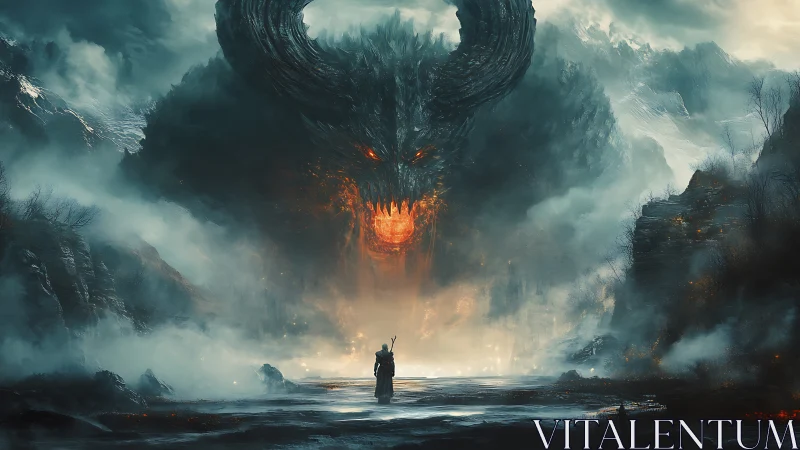 Lone wanderer greets a colossal fiery demon in the mist