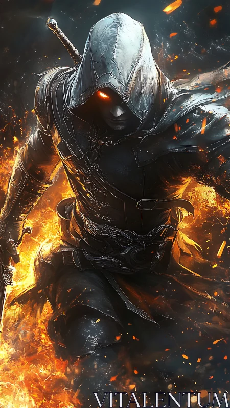 Hooded fire assassin charges through blazing inferno.