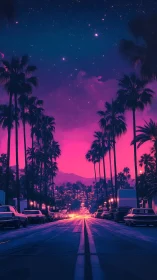 Neon palm-lined boulevard under starry dusk sky.