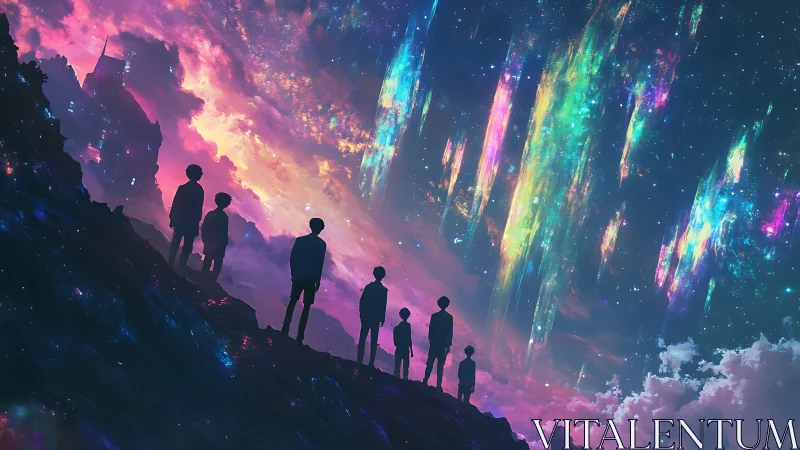 Stargazers stand quietly beneath cascading cosmic lights tonight