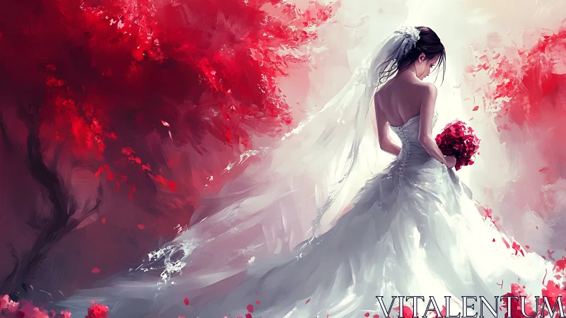 Digital painting of bridal portrait amid crimson blossoms.