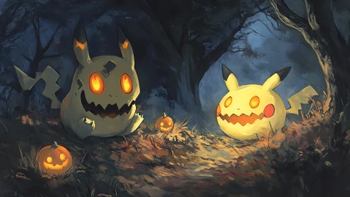 Digital painting of Halloween Pikachu lanterns in shadowed forest.