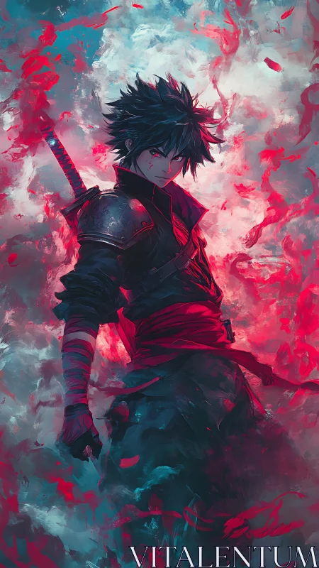 Sword-bearing figure stands in dense red and cyan vapor field