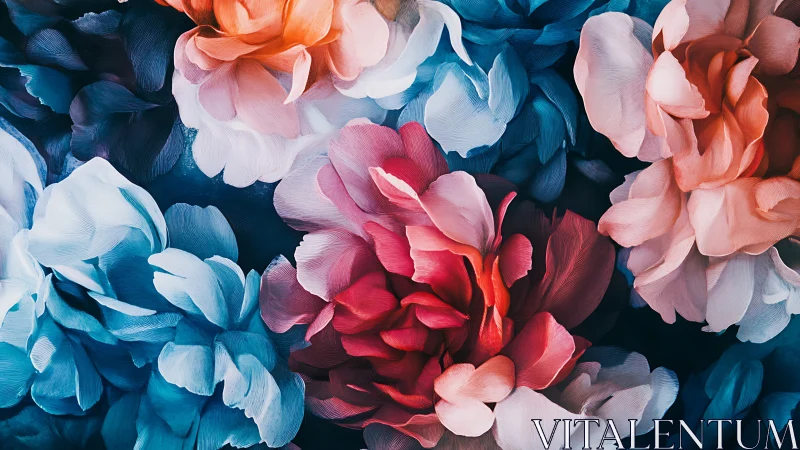 Rendered Chromatic Floral Composition: Tonal Convergence of Coral, Magenta, and Cyan Blooms.