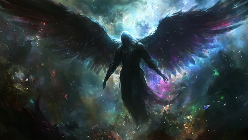 Dark winged figure in luminous cosmic nebula field.