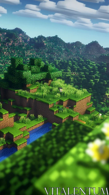 Blocky voxel landscape with hills, river and bright sky.