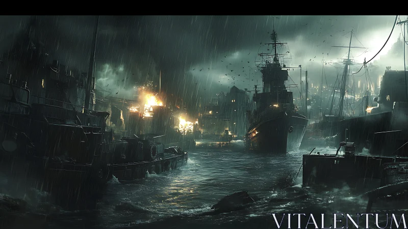 Nighttime naval harbor under bombardment in heavy rain.