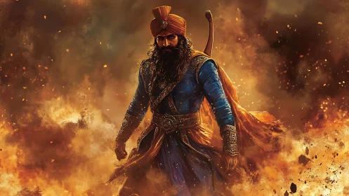 Turbaned warrior in blue coat stands amid dense fiery smoke