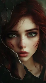 Fractured portrait of scarred red‑haired woman, hyperreal detail.