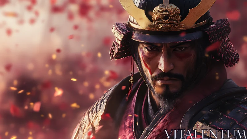 Samurai warrior in ornate armor under falling red petals.