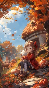 Child with pumpkin in autumn forest near cottage path.