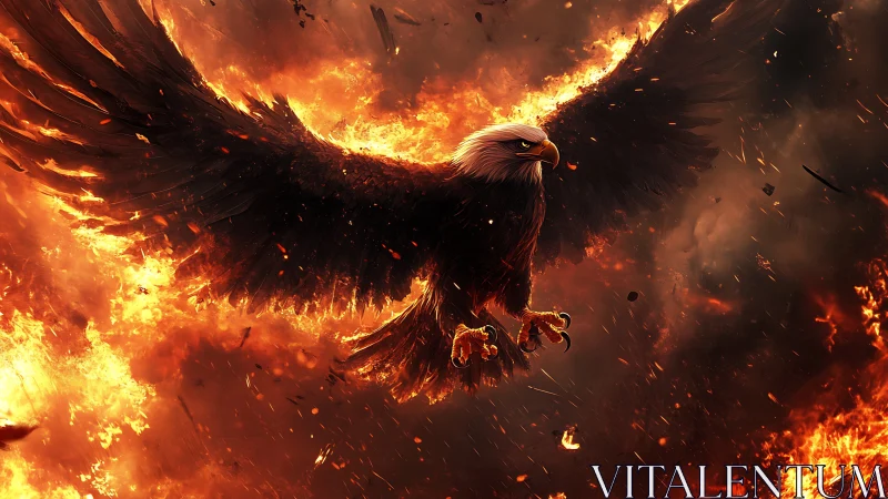 Majestic Bald Eagle Soars Through Fiery Inferno in Dramatic Digital Art.