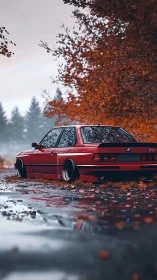 Red classic BMW resting by a quiet autumn forest road.