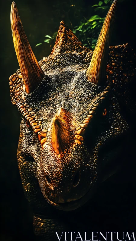 Hyperreal triceratops portrait with horn detail and raking light